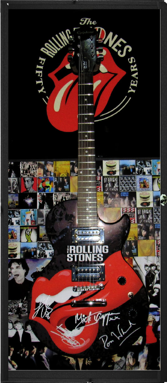 The Rolling Stones Autographed Gibson Epiphone in Custom Display Case - Zion Graphic Collectibles